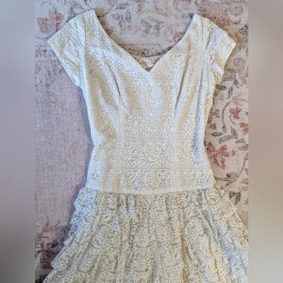 Vintage white lace dress 50s 60s ruffled wedding dropwaist - Picture 6 of 10